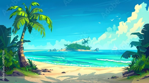 Beach game landscape, tropical vacation time. Palm trees, sea water, sand shore, Caribbean wild ocean coast environment to explore. Cartoon illustration.
