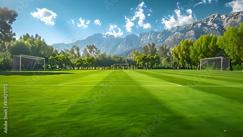 This soccer field set against a backdrop of distant mountains. Soccer Field With Mountains in the Background photo