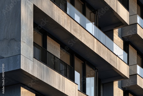A close-up view of a tall building with multiple balconies  showcasing its modern architectural design