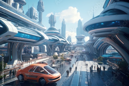 Drive through a futuristic city with hovering vehicles.