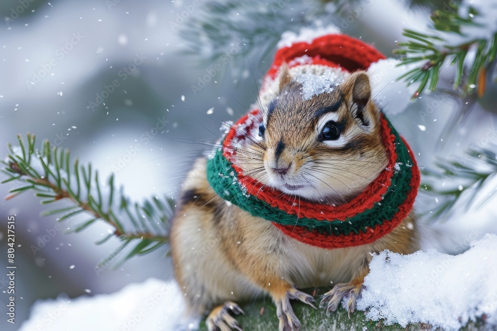 Closeup of a chipmunk perched on a XokIy, wearing a festive red and green scarf and hat