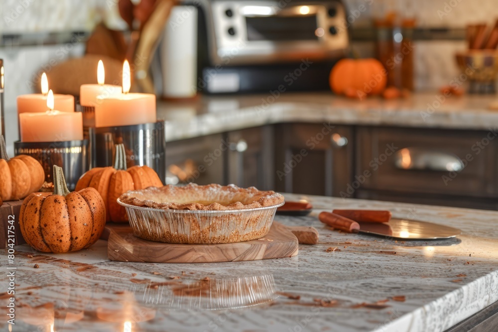 Countertop displaying a freshly baked pumpkin pie next to cinnamon-scented candles in a fall-themed kitchen