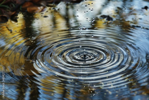 A detailed view of a water drop suspended in mid-air, with green leaves in the background creating a serene natural setting