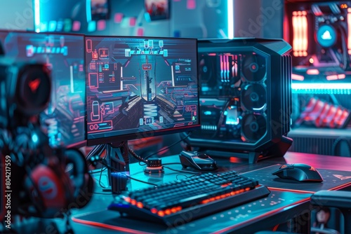 A sleek desktop computer is sitting on top of a cyberpunk office desk with neon accents and high-tech monitors