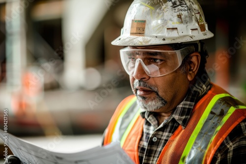 A closeup of a construction engineer, a mid-30s male of any ethnicity, wearing a hard hat and safety glasses on a job site