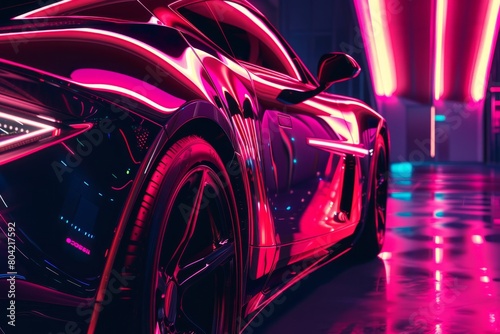 A modern car parked inside a garage illuminated by vibrant neon lights, creating a striking visual contrast © Ilia Nesolenyi
