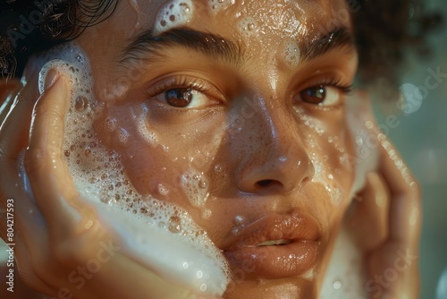 A female model of any ethnicity is gently washing her face with a foaming cleanser