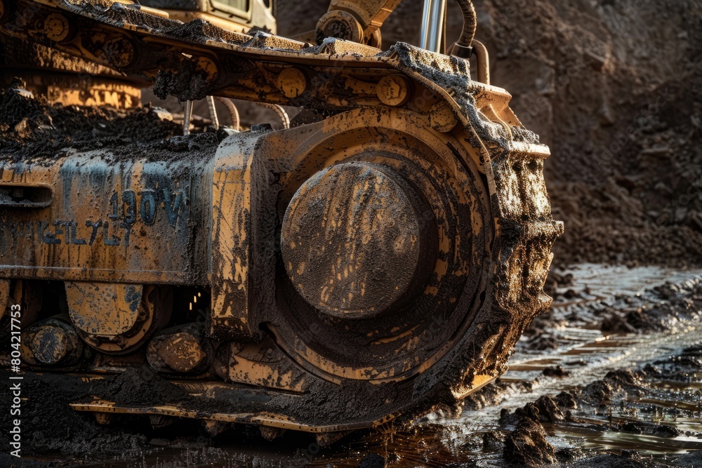 Detailed view of a bulldozer immersed in mud, showcasing the hydraulic arm and bucket covered in dirt and grime under sunlight