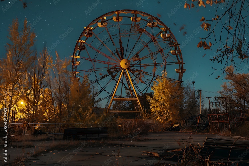 Abandoned amusement park at night, ferris wheel casting a mesmerizing glow.