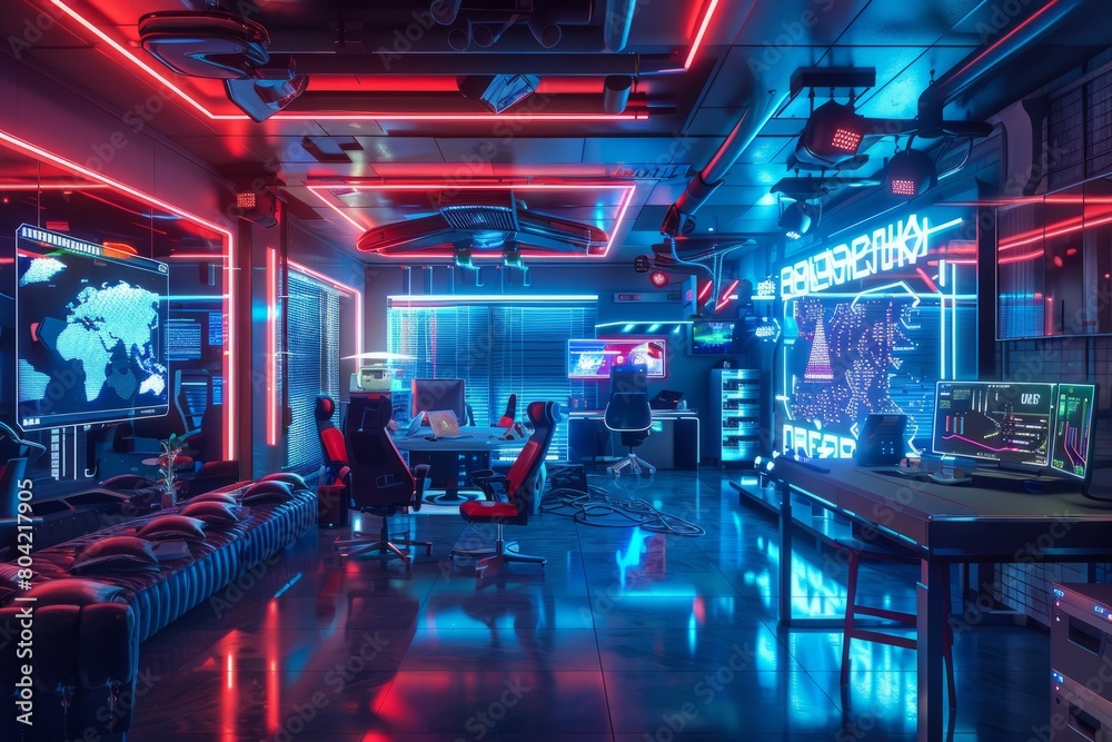 A high-angle view of a cyberpunk office filled with neon lights, futuristic furniture, and holographic displays