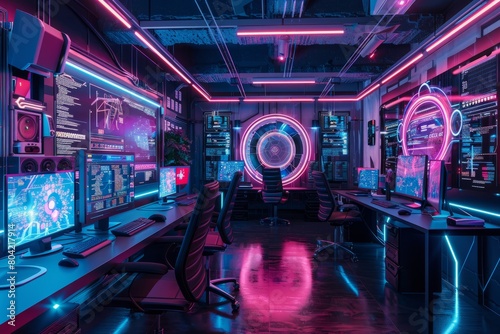 A room filled with numerous computer monitors displaying various data and information in a cyberpunk office setting with neon lights and futuristic furniture