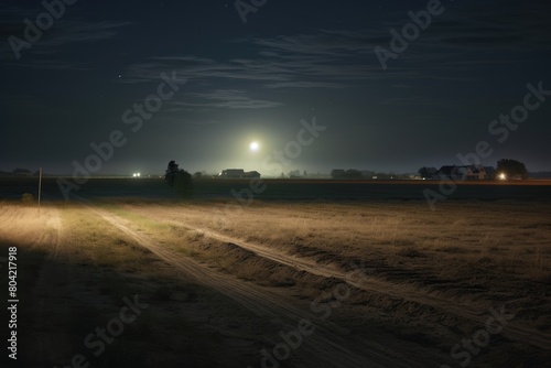 Rural farmland with tractor lights in the distance. photo