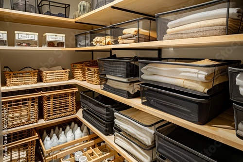 Neatly arranged walk-in closet filled with shelves, labeled bins, and baskets showcasing efficient storage solutions