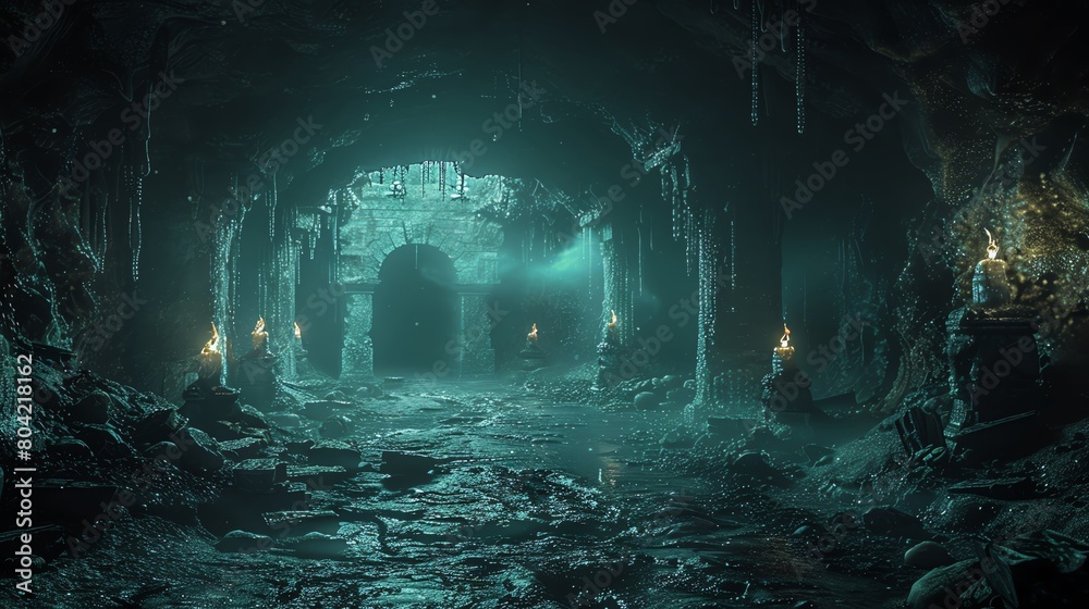 Craft a CG 3D rendering of a creepy cave system with hidden treasures illuminated by subtle, flickering torchlight Enhance the atmosphere with realistic textures and shadows
