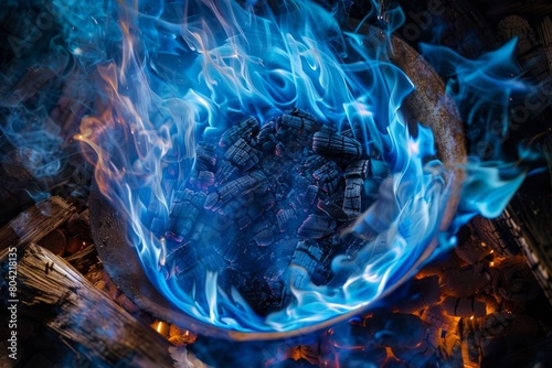 A high-angle view of blue flames flickering within a metal fire pit surrounded by logs and embers