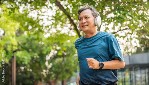 Senior old man runner exercise outdoor nature park. fitness man jogging wearing sportswear. Mature athlete man in sportswear Workout running at public park. Health and activity old man lifestyle