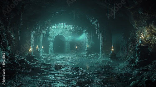 Craft a CG 3D rendering of a creepy cave system with hidden treasures illuminated by subtle, flickering torchlight Enhance the atmosphere with realistic textures and shadows
