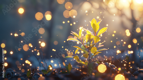  a young tree illuminated by the gentle morning light, its branches reaching towards the sky, while soft bokeh lights add a touch of magic to the scene, exemplifying the artistic synergy between techn