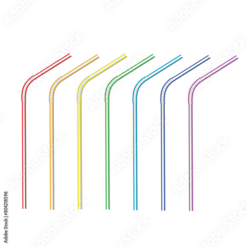 Vector realistic straws for drinks, cocktails, with colored stripes. Set of colored drinking straws for template.