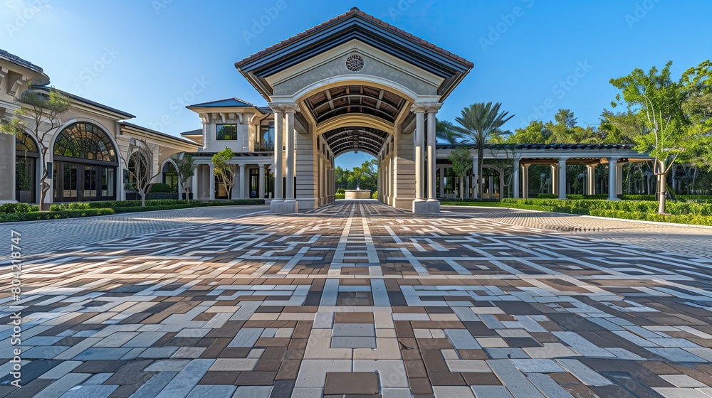 Fototapeta premium A grand entrance with a porte-coch??re and a patterned brick driveway