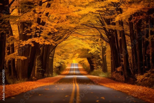 Autumn drive through a tunnel of changing leaves.