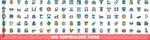 100 bodybuilder icons set. Color line set of bodybuilder vector icons thin line color flat on white