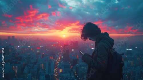 Silhouette of a young person using a smartphone, standing against a large cityscape during sunset, highlighting the modern urban lifestyle.