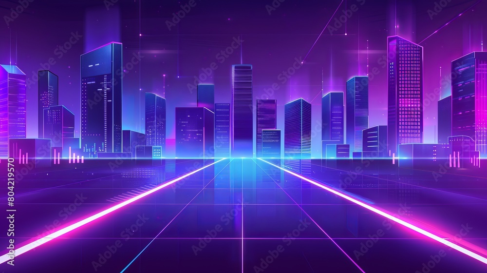 Dark cityscape skyline with skyscraper urban view illustration scene. Future purple office horizon at night for metaverse backdrop.