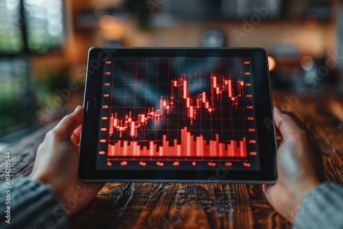 Sell stocks online concept image with a person holding a tablet with word Sell on screen representing an investor wanting to sell stocks from home photo