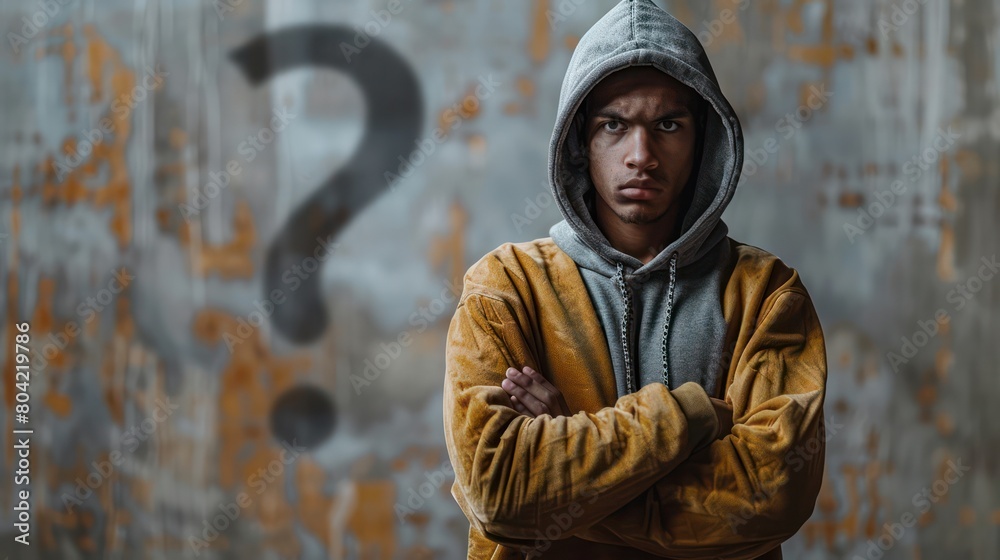 A ,man unknown character, incognito,black with a question mark.