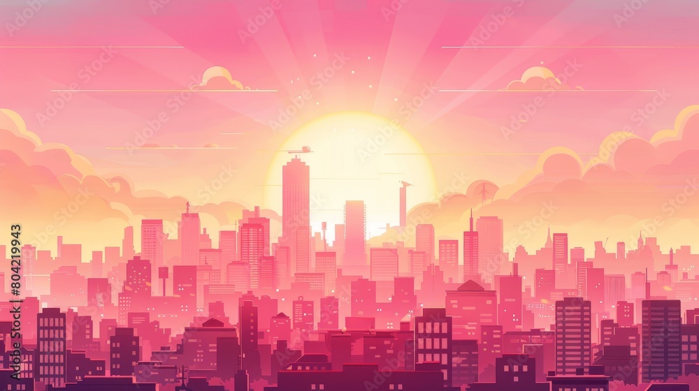 An abstract pink sunset sky with a cartoon cityscape modern background. Skyscraper streets landscapes with light ray views. An urban downtown district panorama backdrop. An exterior gamescape of a