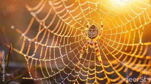 Macro view of a spider web with dew drops in the early morning light.