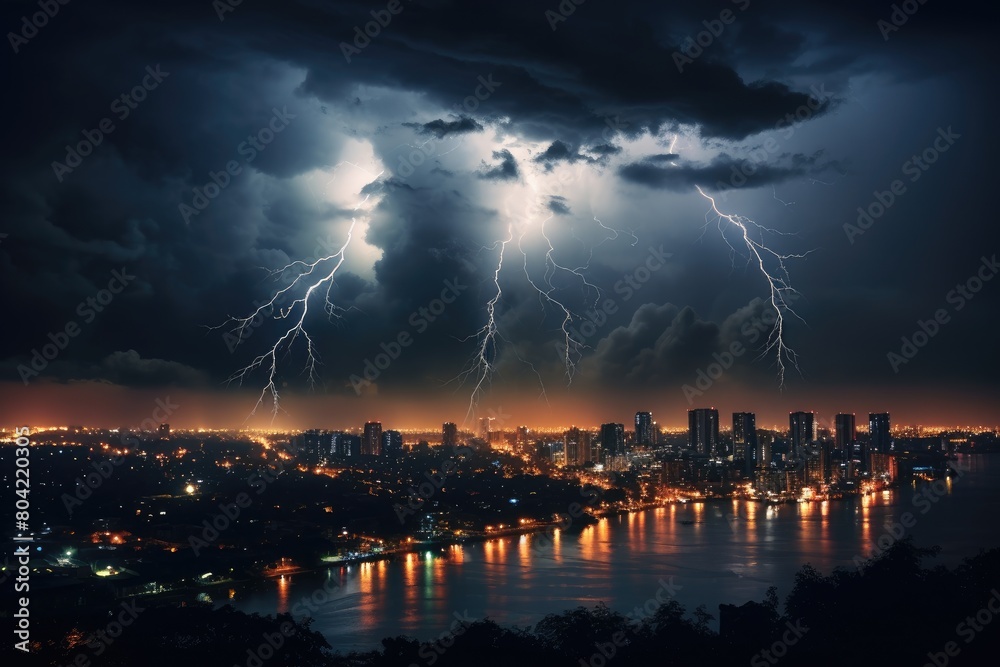 Cityscape during a thunderstorm with dramatic lightning.