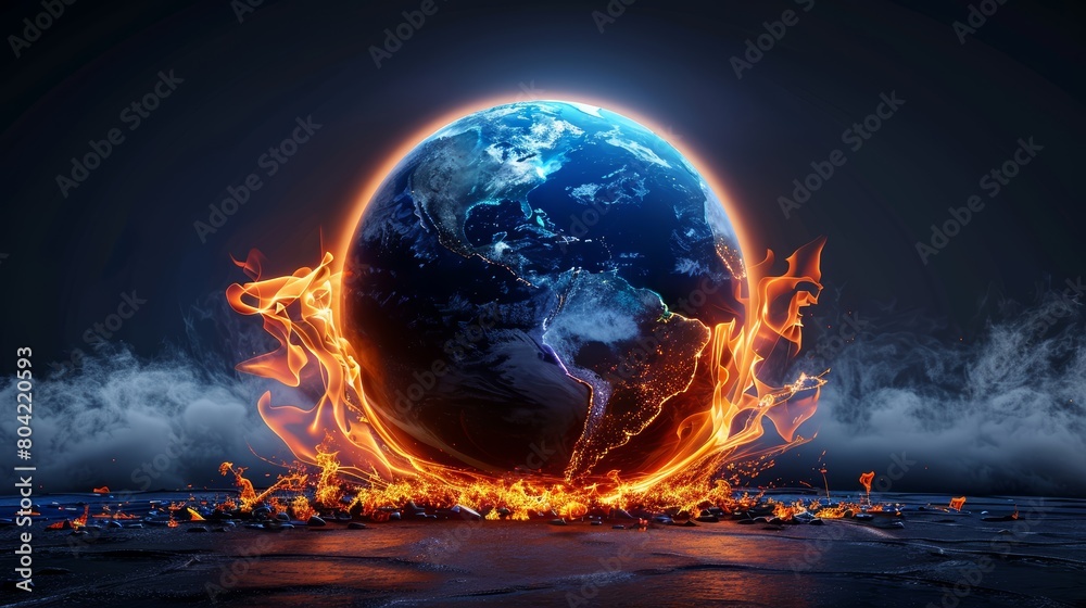 A close-up of a globe enveloped in fiery flames set against a gray background, with ample copy space for text and design elements A close-up of a globe enveloped in fiery flames set against a gray background, with ample copy space for text and design elements