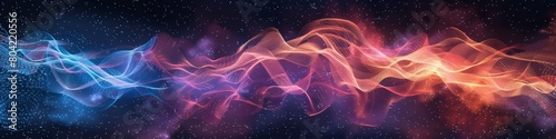Dynamic digital sound waves flowing across a dark cosmic background symbolizing vibrant energy and motion