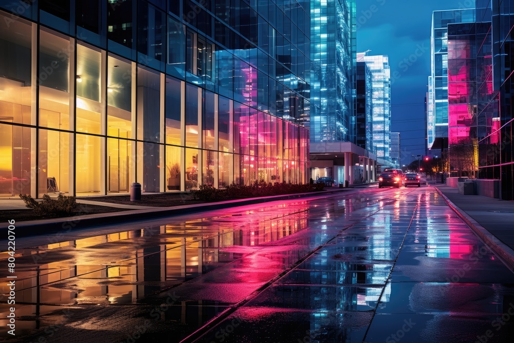 Drive through a tech district with illuminated glass buildings.