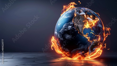 A close-up view of a globe with intense flames, presented on a gray background that provides copy space for messages or advertisements photo