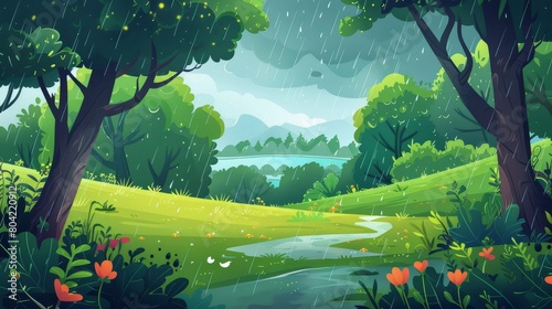 Illustration of summer rain falling on a green forest. Footpath between trees  puddles on ground  flowers on mountain  lake on horizon. Modern cartoon illustration.