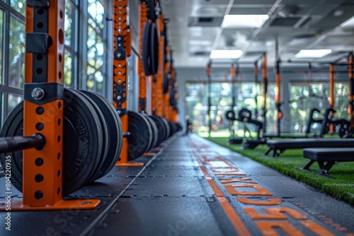 The image showcases a vibrant gym scene with orange squat racks aligned and ready for use, reflecting fitness lifestyle photo