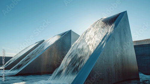 A panoramic shot of a modern, geometric fountain, water cascading down a series of angular.