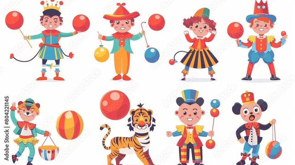Animated cartoon character set showing a girl trainer with a trained tiger, and a man juggler with red balls in a circus arena.
