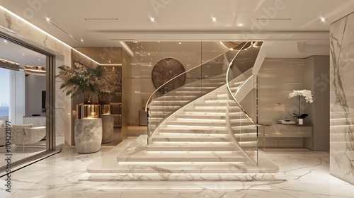 A lavish entrance with a marble stairway and a sleek glass balustrade photo