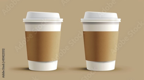 Paper cup modern mockup with brown eco holder. Empty disposable plastic takeaway mug with lid and sleeve mockup. photo
