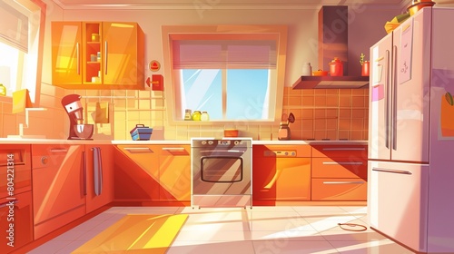 A cartoon home kitchen interior table view modern background illustration showing a refrigerator, stove, sink, counter, and other kitchen furniture. Modular appliances near a window in a modern © Mark