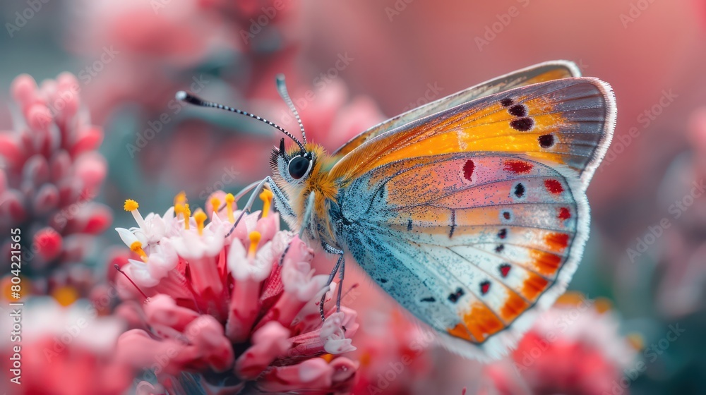 Obraz premium Macro shot of a colorful butterfly perched delicately on a wildflower, showcasing the fine details of its wings and the flower's petals.