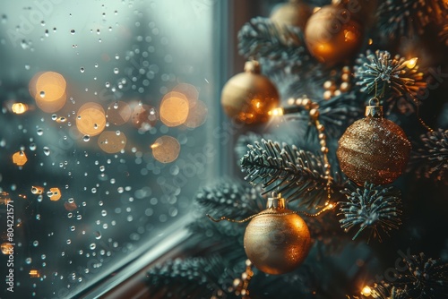 Glistening Christmas balls amid frosty pine needles rest beside a windowpane with rain droplets photo
