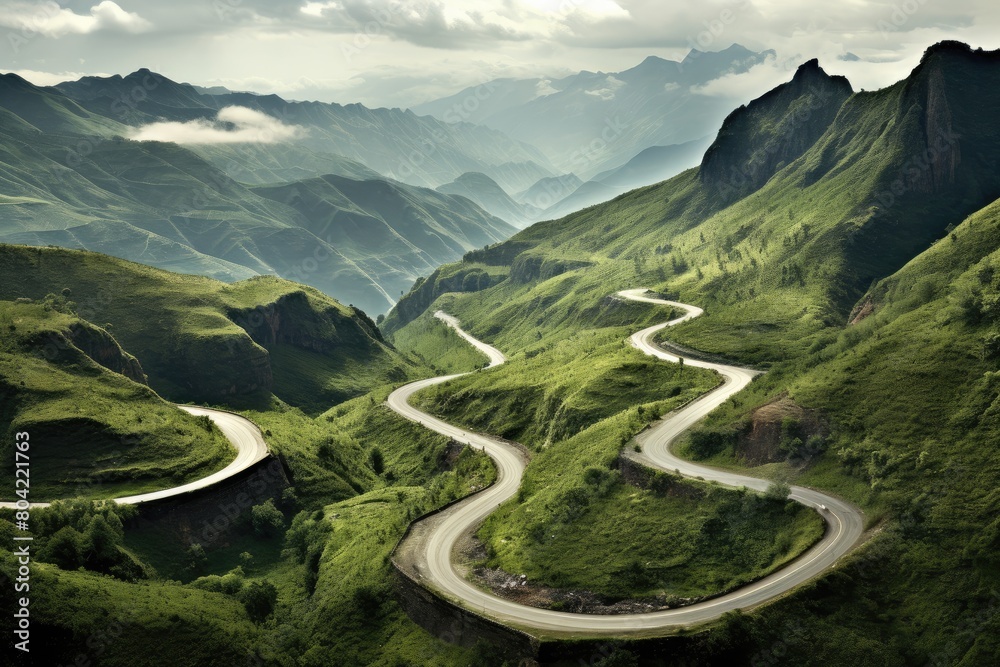 Drive through a mountainous region with winding roads.