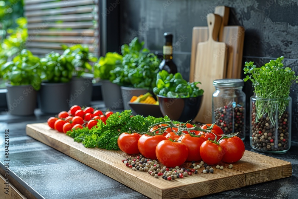 Ripe red tomatoes arranged on a wooden cutting board with various fresh herbs Ripe red tomatoes arranged on a wooden cutting board with various fresh herbs