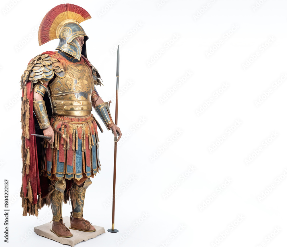 Obraz premium Ancient spartan trojan warrior in armor with weapons. White background, isolate. AI generated.