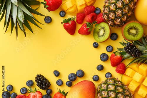 Vibrant and colorful composition of various fresh fruits on yellow background. Includes mangoes, pineapples, strawberries, blueberries, kiwis, oranges. With copy space for text or design elements.